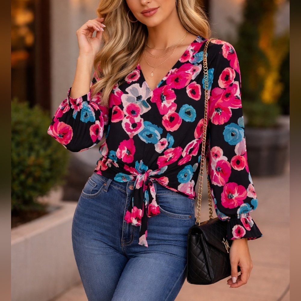 Juicy Couture Floral Artsy Tie-Front Blouse Size Large